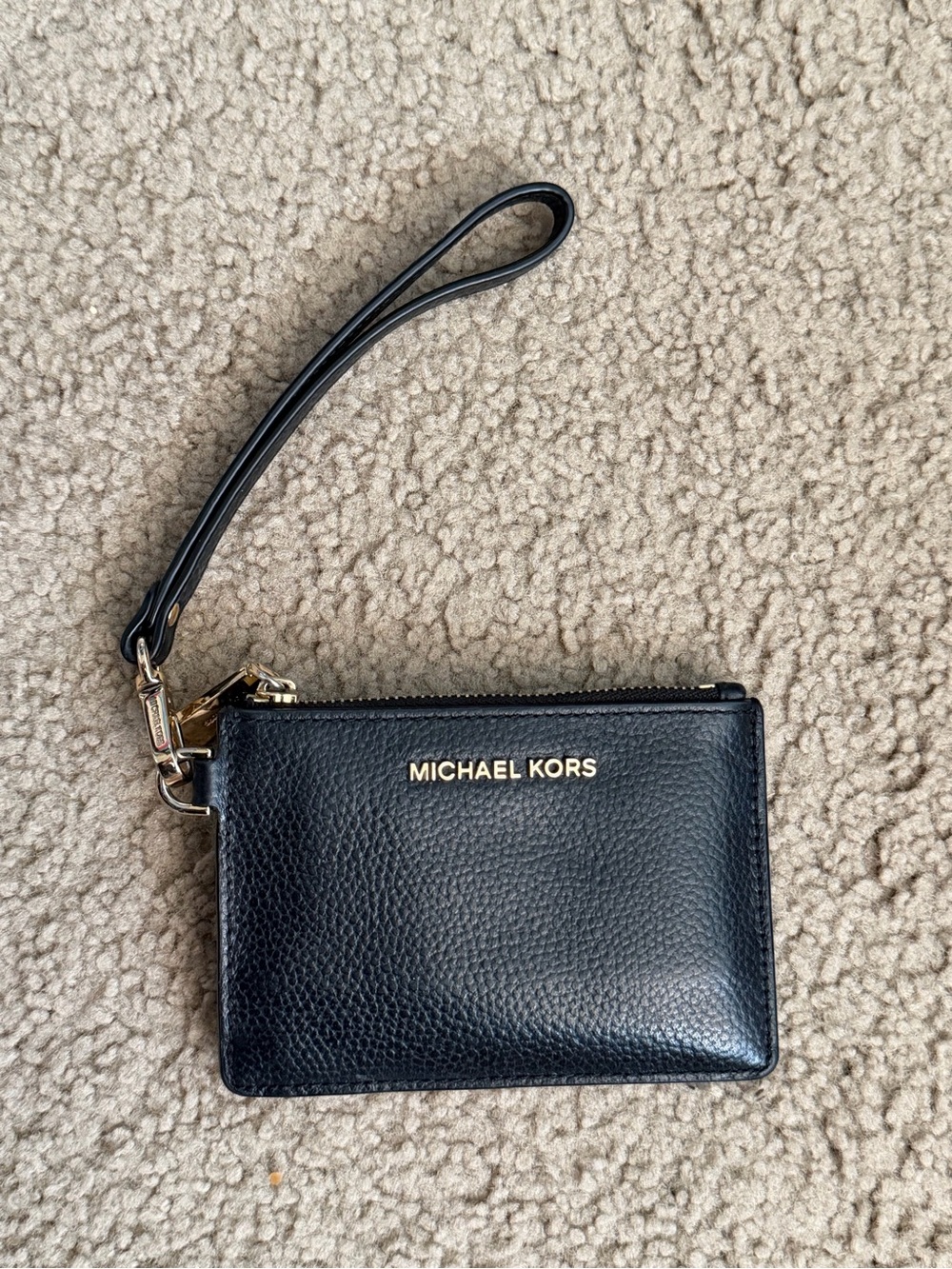 Michael Kors Black Pebbled Leather Wristlet Card Pouch with Gold Logo